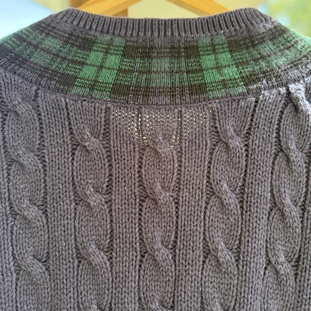 VTG 100% Cotton GAP Men's Cable Knit Blue Sweater Green Plaid Preppy JFK Jr. - Picture 6 of 6